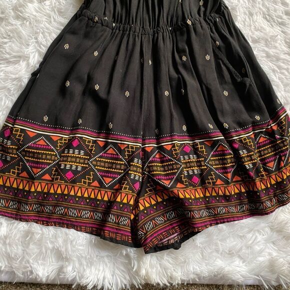 H&M Coachella Shorts Romper Black Aztec Elastic Waist Tie Neck Pockets Viscose 8 - Picture 3 of 11